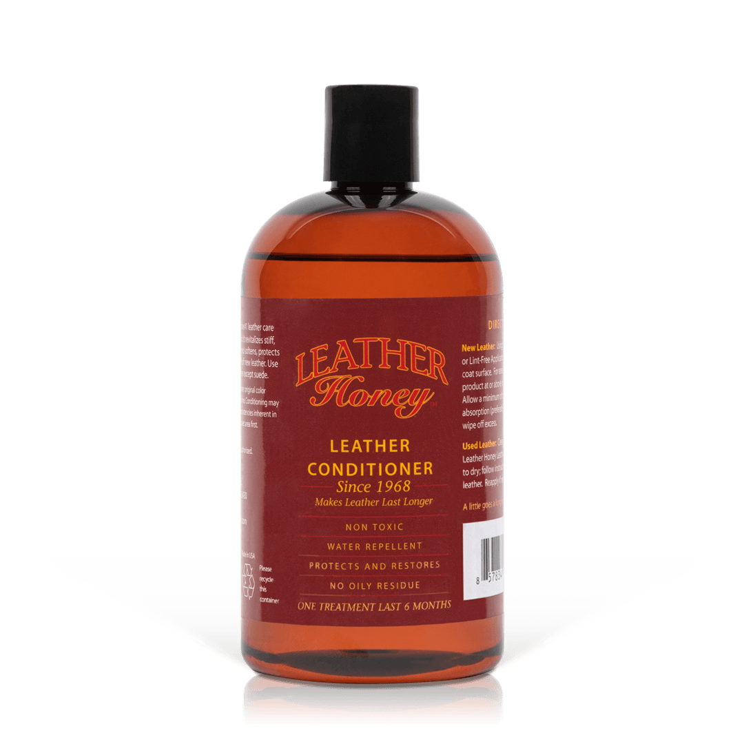 Leather Honey leather conditioner bottle, 16oz size, front view showing the label and product packaging.